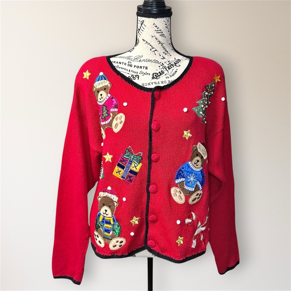 Vintage Nutcracker Ugly Christmas Cardigan L Teddy Bear Embroidered Sweater NWT